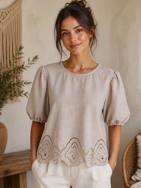 Adrianna Papell Large Beige Puff Sleeve Eyelet Scallop Hem Blouse Boho Romantic